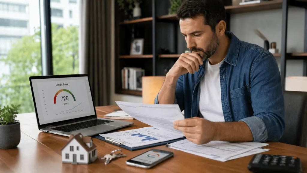 Pessoa analisando score de crédito e documentos de financiamento imobiliário em home office, com checklist e contrato na mesa