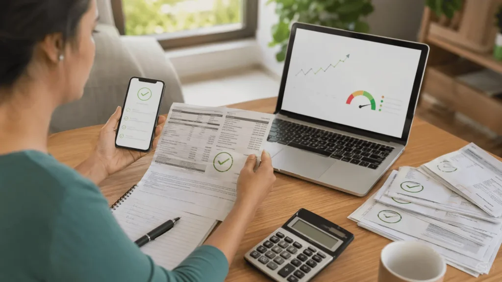 Pessoa analisando score de crédito e contas pagas em dia em home office, ilustrando o impacto do Cadastro Positivo no score