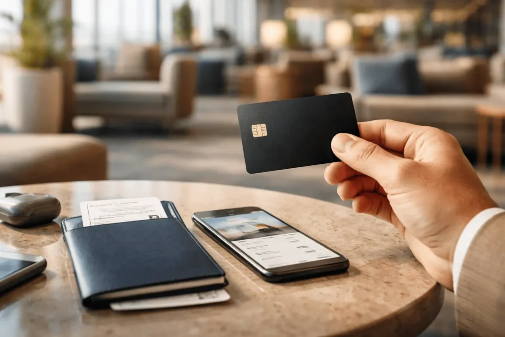 Cartão Black sem anuidade em sala VIP de aeroporto com passaporte e celular, representando milhas e benefícios de viagem