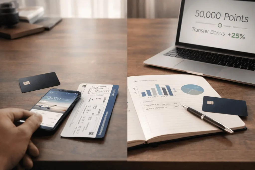 Comparação entre cartão de crédito, pontos e milhas em mesa com celular e passagem, ilustrando estratégia de viagens