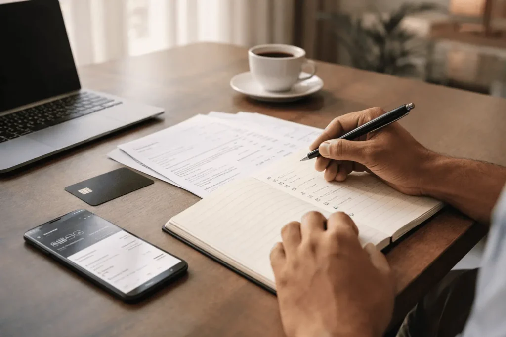 Pessoa analisando cartão Black, celular bancário e documentos em mesa de home office, representando aprovação de crédito premium