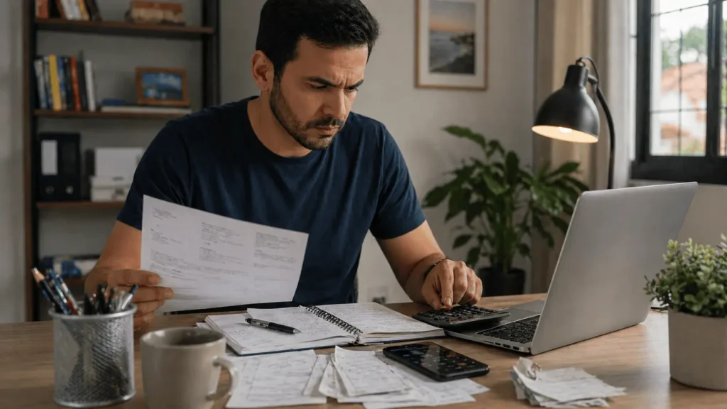 Pessoa analisando documentos e renda extra para declarar no Imposto de Renda em home office com notebook e calculadora