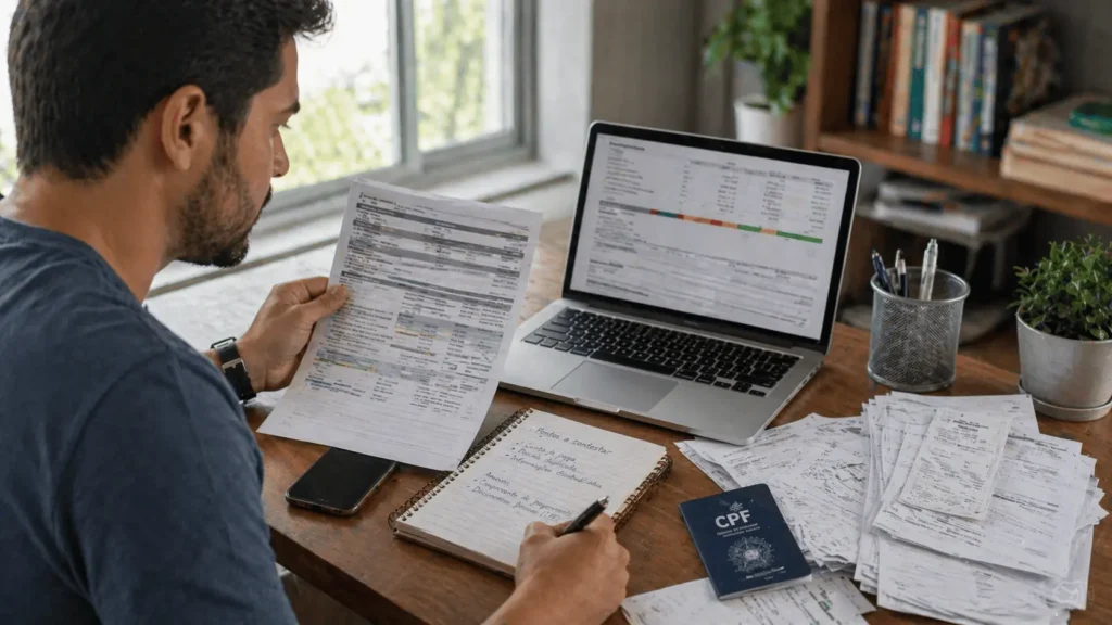 Pessoa analisando relatório de crédito e comprovantes no notebook, ilustrando contestação de dados errados no CPF
