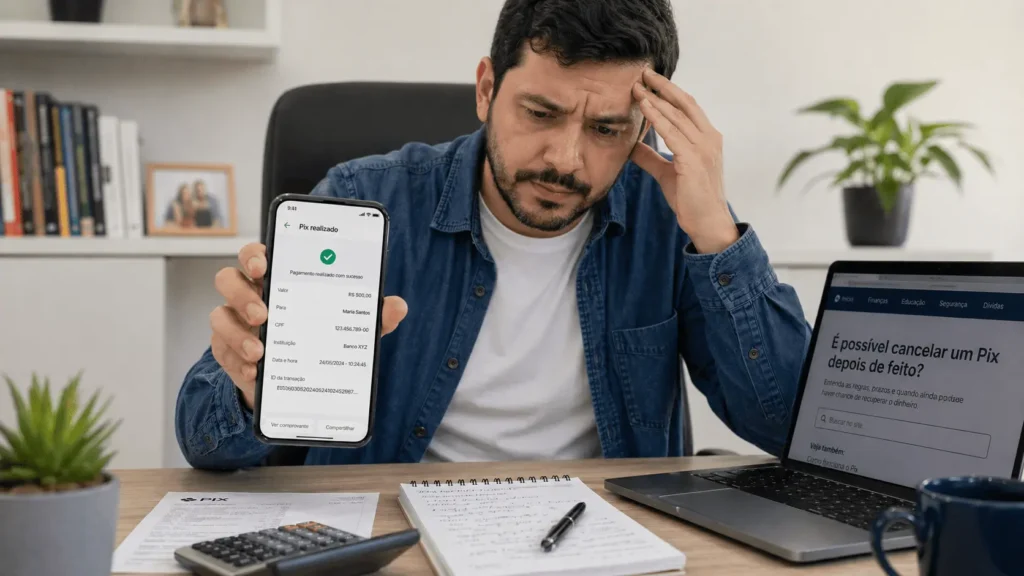 Pessoa conferindo no app do banco se dá para cancelar um Pix depois da transferência e como resolver com segurança