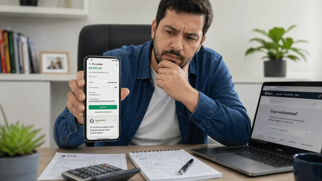 Pessoa conferindo no app do banco como devolver Pix recebido por engano sem cair no golpe do Pix errado