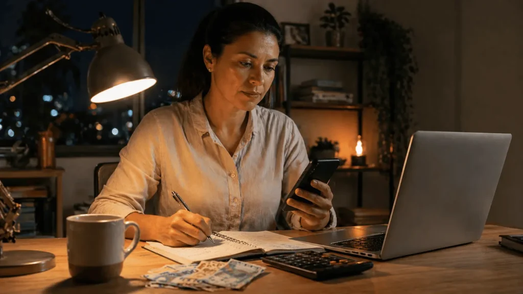 Mulher brasileira planejando renda extra à noite após o trabalho, com notebook, celular e agenda em home office