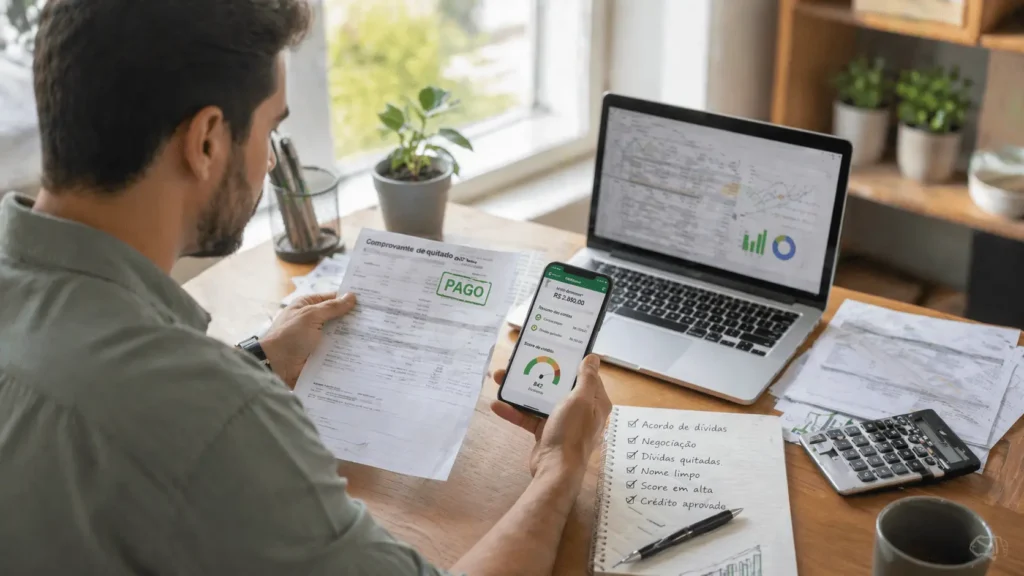 Pessoa analisando acordo pago e documentos financeiros em home office, ilustrando limpeza do nome e recuperação do score