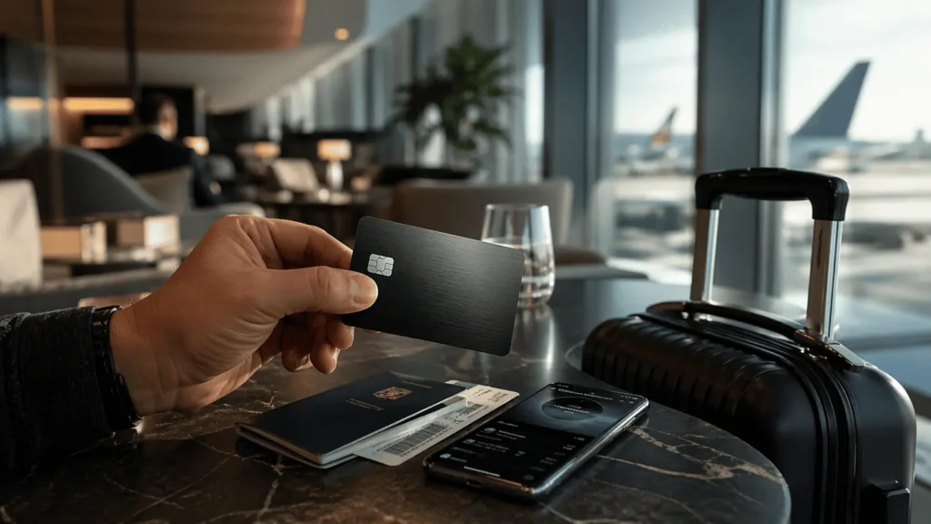 Cartão Black em sala VIP de aeroporto com passaporte e celular, ilustrando milhas, benefícios premium e acesso a lounges