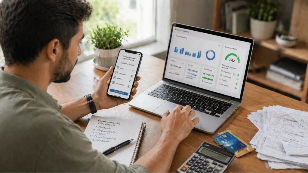 Pessoa analisando score e dados bancários no notebook e celular em home office, ilustrando o impacto do Open Finance no crédito