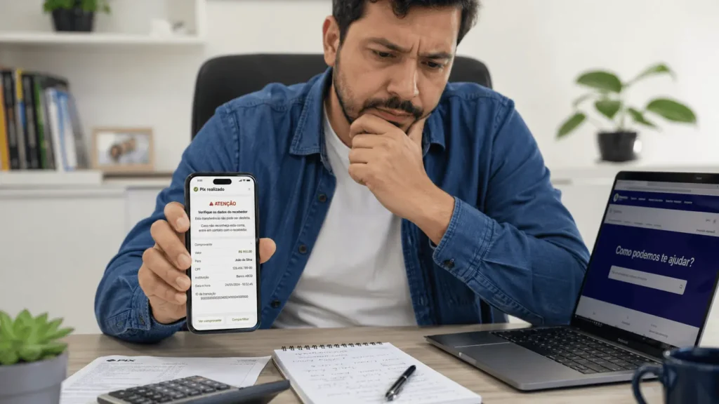 Pessoa olhando app do banco após enviar Pix para conta errada, buscando como pedir devolução e usar o MED com segurança