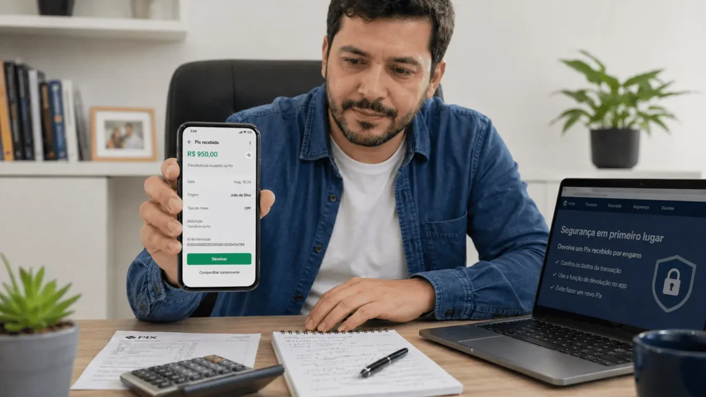 Pessoa usando a função de devolução no app do banco para devolver Pix recebido por engano com segurança