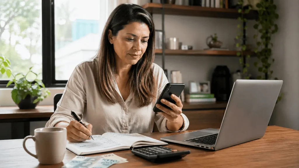 Mulher brasileira planejando renda extra em 2026 no home office, com notebook, celular, agenda e dinheiro sobre a mesa.