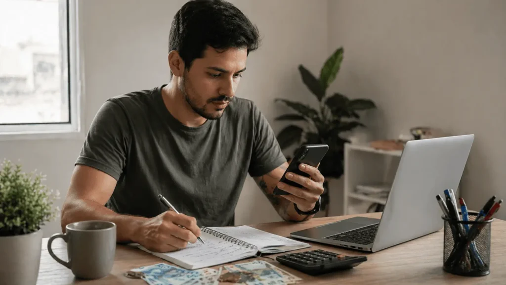 Pessoa organizando renda extra com pouco dinheiro em home office, com notebook, celular, agenda e notas de real na mesa