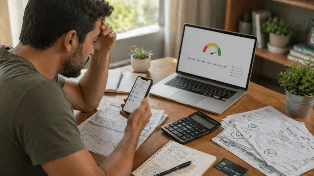 Pessoa analisando contas pagas e score parado no notebook em home office, ilustrando por que a pontuação não sobe