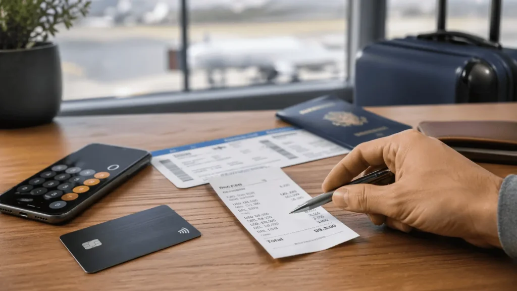 Cartão de crédito com recibo em dólar e real sobre mesa, ilustrando spread cambial e custo das milhas em viagem