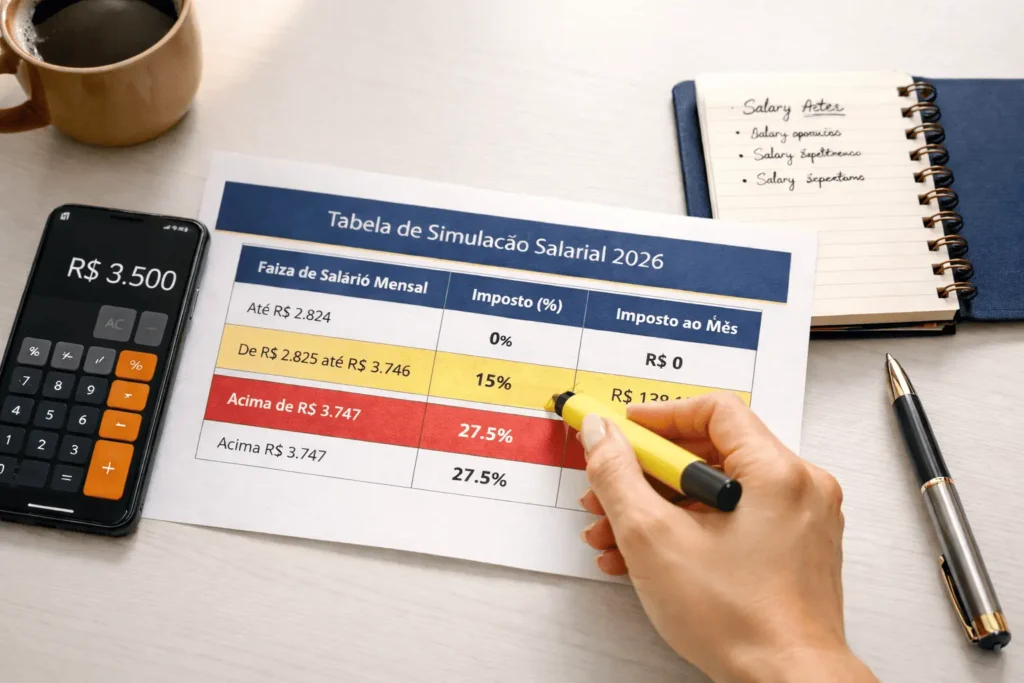 Tabela do Imposto de Renda 2026 por faixa de salário com simulação de quanto cada pessoa paga de IR