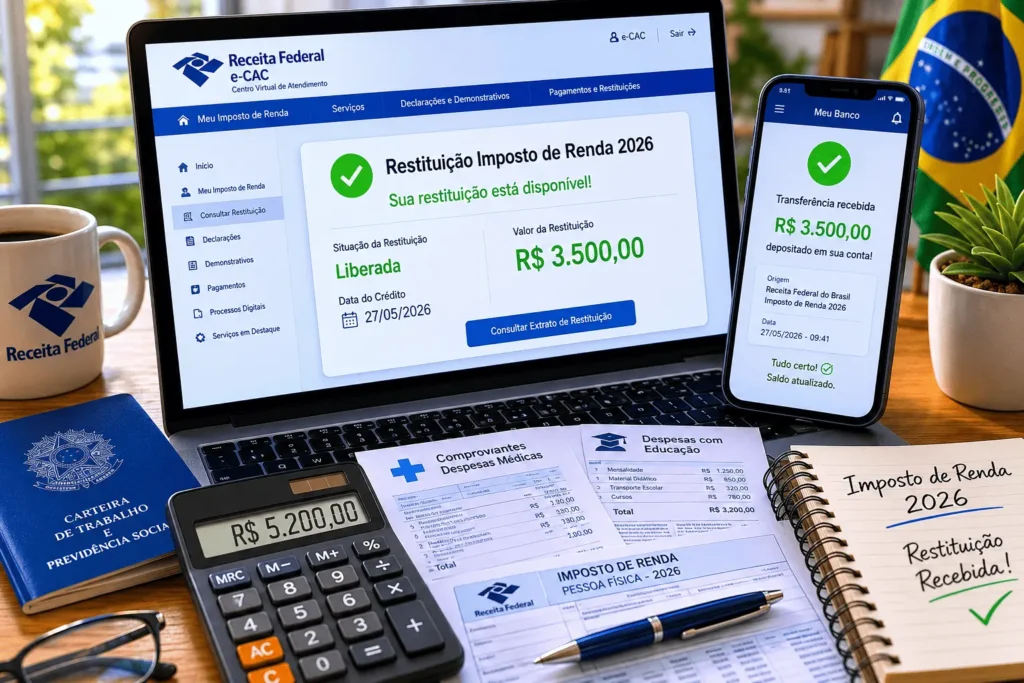 ontribuinte verificando restituição do Imposto de Renda 2026 no e-CAC com valor de R$ 3.500,00 na tela do computador e notificação de depósito no celular