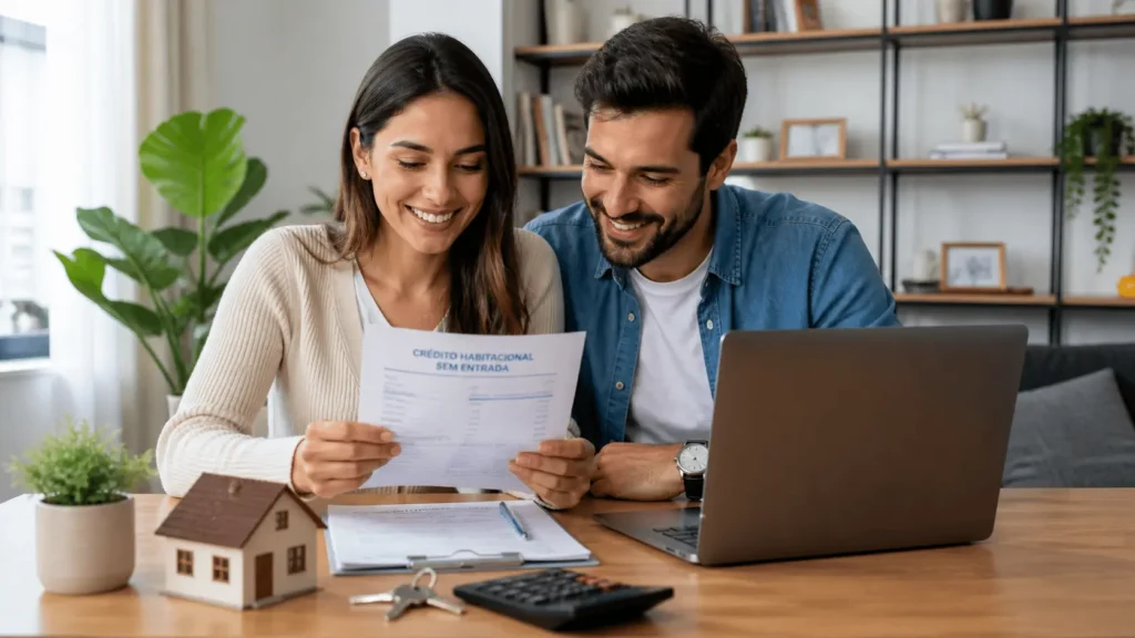 Casal analisando documentos e simulação de financiamento imobiliário para comprar casa sem entrada