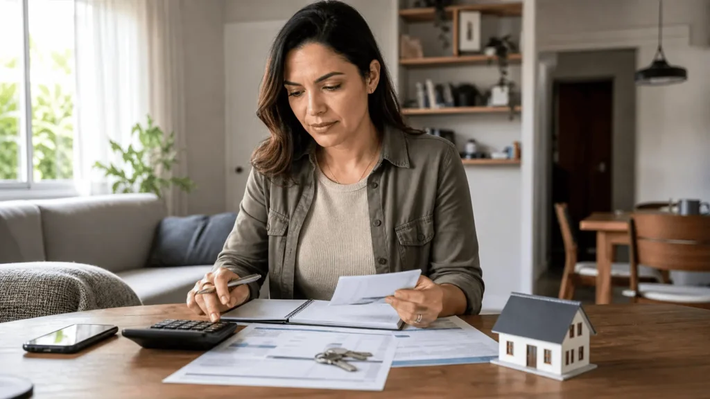 Mulher brasileira analisando documentos para usar o FGTS no financiamento imobiliário e reduzir a entrada