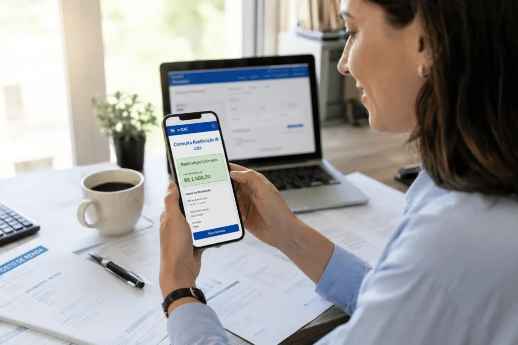 Mulher brasileira consultando restituição IR 2026 pelo CPF no celular com status "Liberada" e valor R$ 2.800,00 na tela