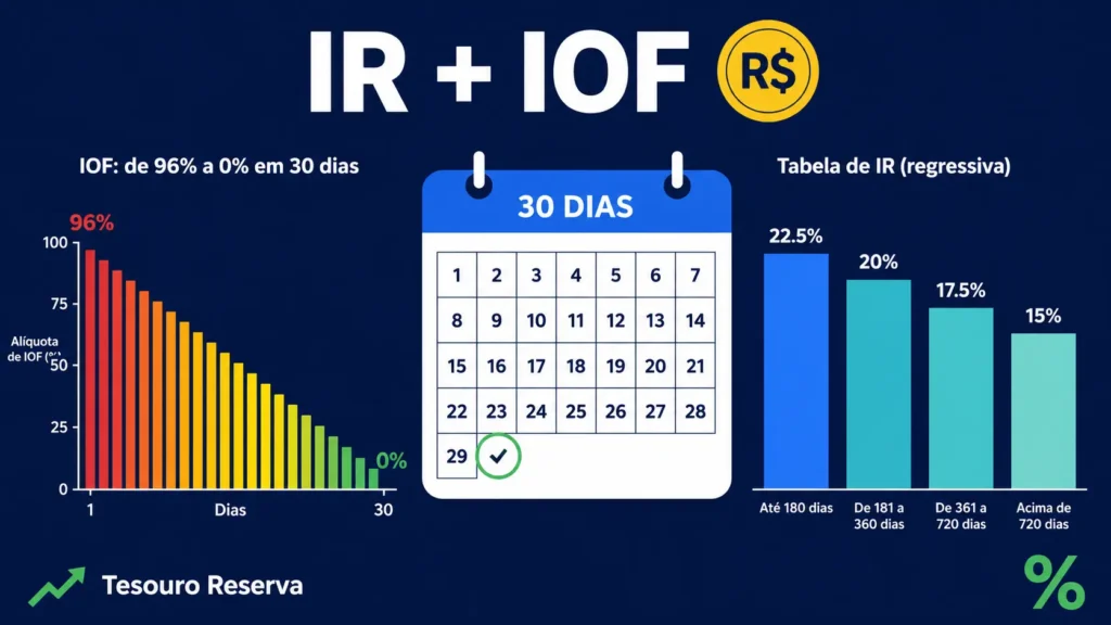 Tabela regressiva de IR (22,5% a 15%) e IOF diário (96% a 0%) do Tesouro Reserva explicada em infográfico.
