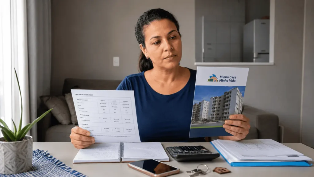 Mulher brasileira analisando documentos para saber se pode participar do Minha Casa Minha Vida