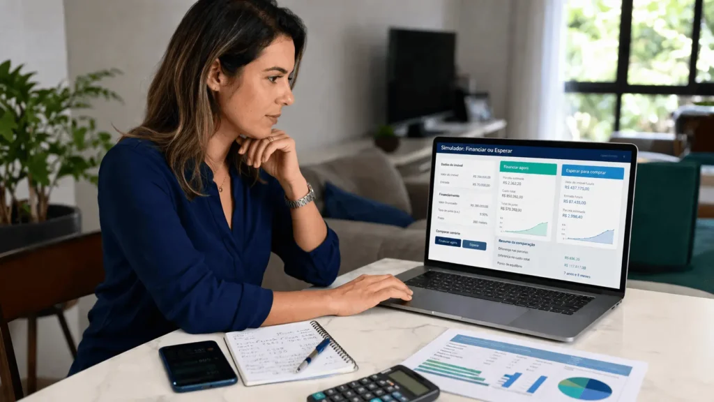 Mulher brasileira comparando aluguel, financiamento e custos no notebook para decidir se vale mais a pena financiar imóvel ou esperar