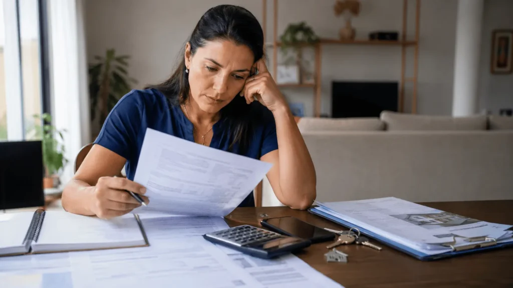 Mulher brasileira analisando documentos para aprovação de financiamento imobiliário