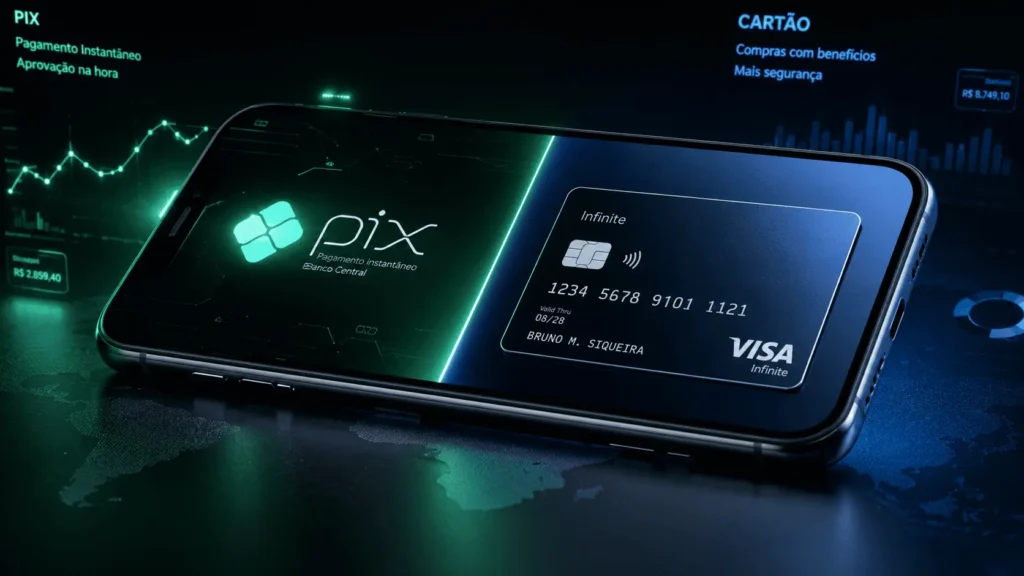 Tela de celular comparando o Pix parcelado com cartão de crédito, ilustrando qual tem os menores juros.
