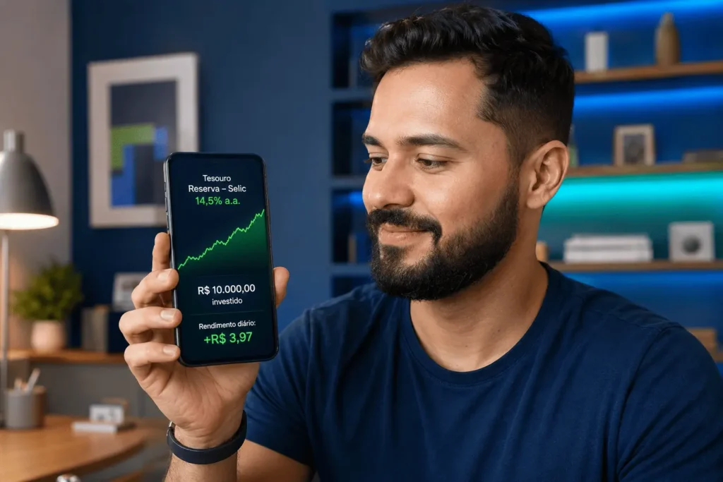Pessoa investindo no Tesouro Reserva pelo celular com gráfico de rendimento Selic 2026, reserva de emergência segura e com liquidez diária.