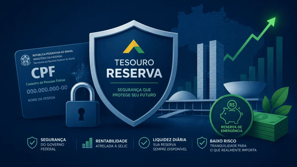 Tesouro Reserva é seguro: ilustração com escudo de proteção, documento financeiro e elementos visuais de risco soberano para reserva de emergência