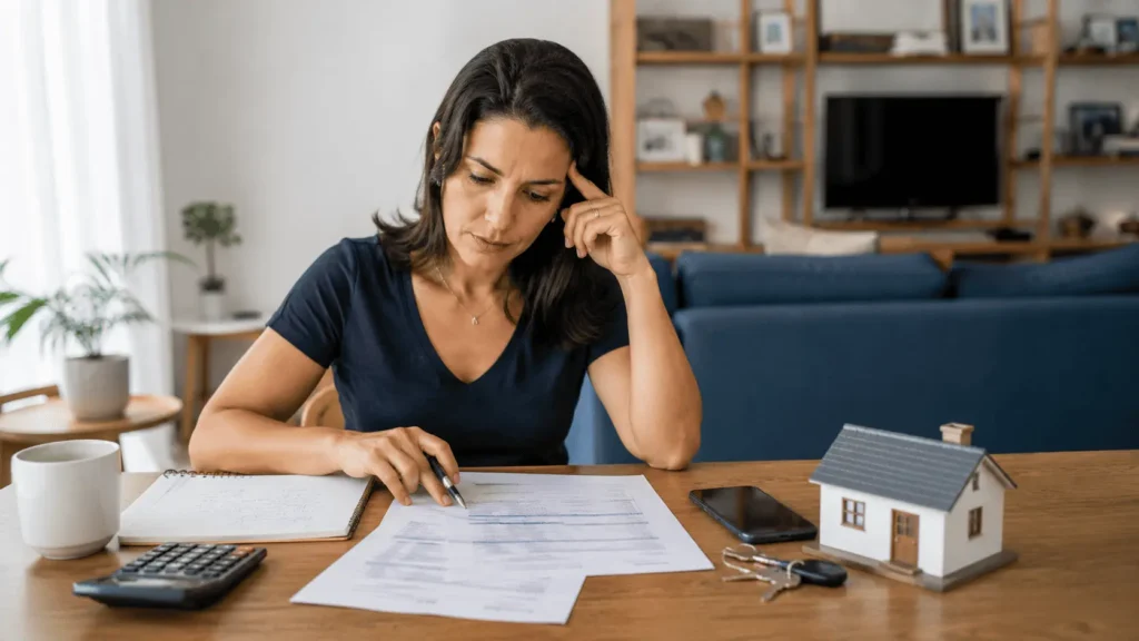 Mulher brasileira analisando simulação de financiamento imobiliário com foco na entrada do imóvel