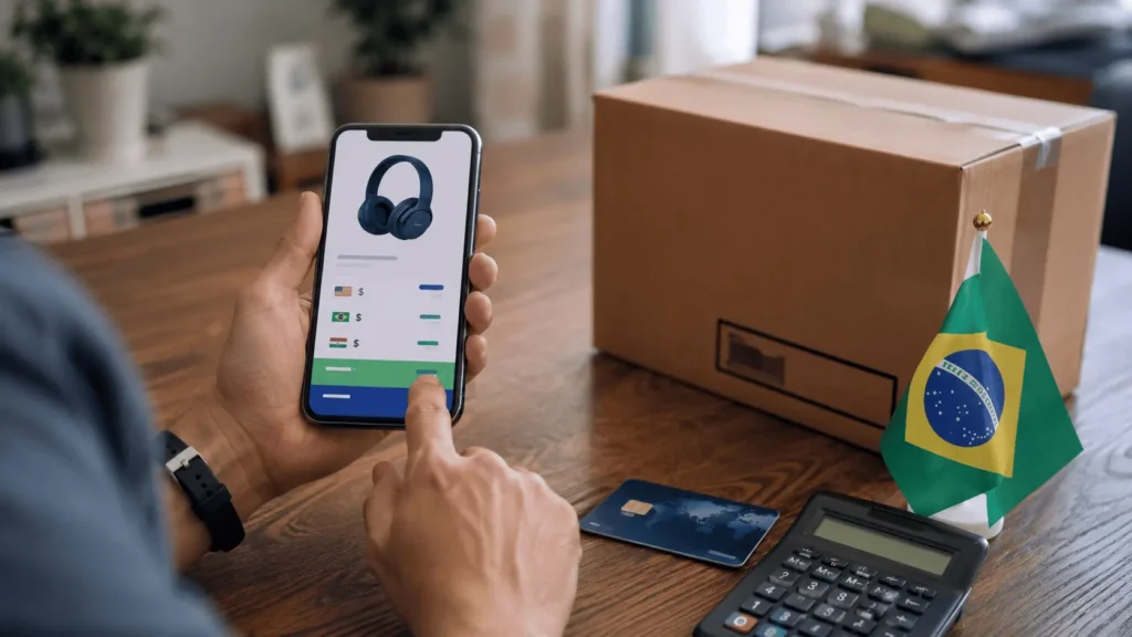 Como calcular imposto de importação em compras internacionais: pessoa conferindo no celular o valor com imposto de importação, ICMS e total em reais