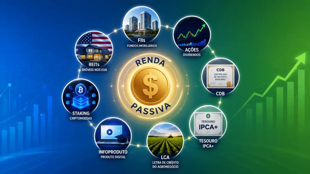 8 investimentos para renda passiva mensal em 2026 - FIIs, ações dividendos, CDB e Tesouro IPCA+
