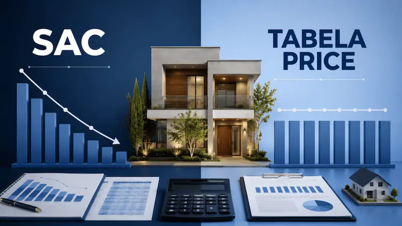 Comparação entre SAC e Price no financiamento imobiliário, mostrando diferenças nas parcelas e na amortização
